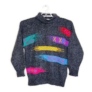 Vtg Women's Gray Mohair Aztec Abstract Sweater Colorful 80's 90's New Wave Sz‎ L